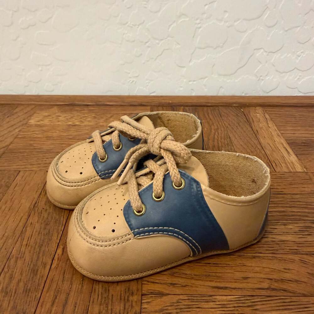 Vintage Two-Tone Leather Saddle Crib Baby Shoes Tan and Blue